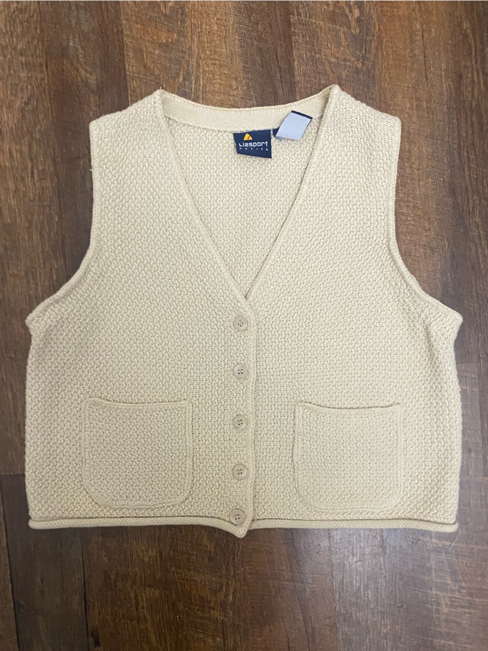 Lizsport Women's Beige Cotton Knit Solid Button Front Sweater Vest P